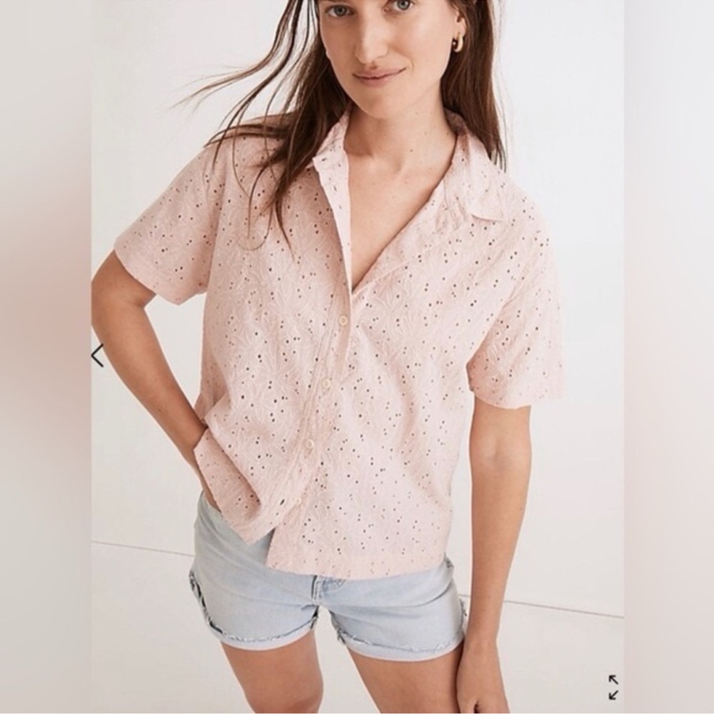 Madewell Pink Eyelet Short-Sleeve Button-Up Shirt